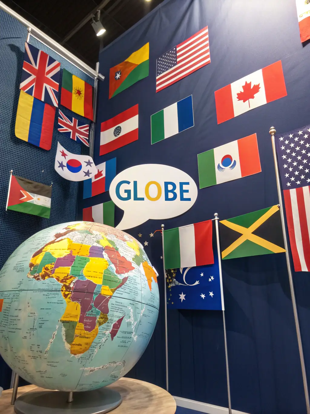 A podcast cover depicting a globe and various cultural symbols, representing AudioNest's 'Global Voices' podcast, with diverse people from around the world.