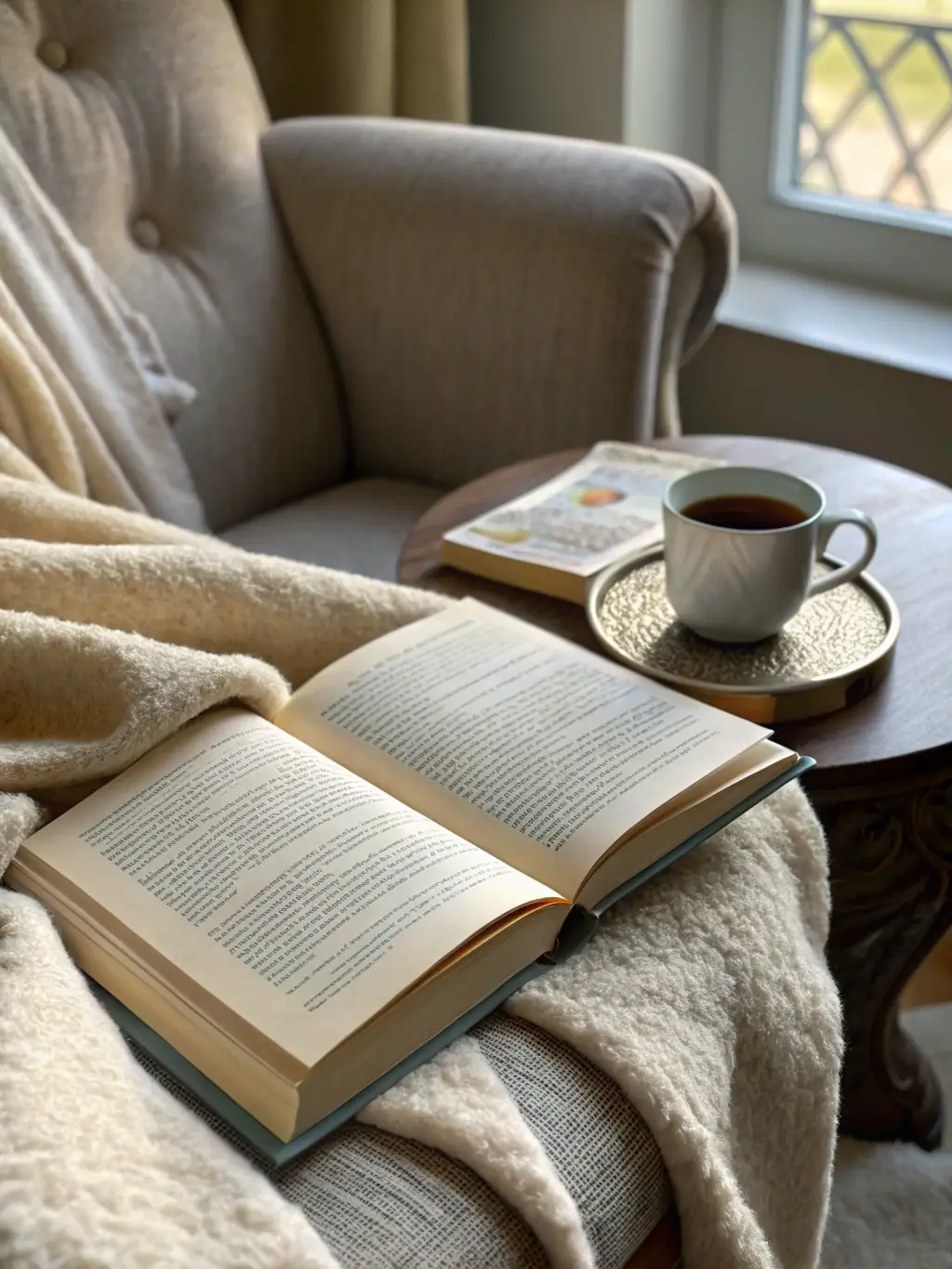 A podcast cover showing a stack of books and a cup of coffee, symbolizing AudioNest's 'Literary Lounge' podcast, with a cozy, warm color scheme.