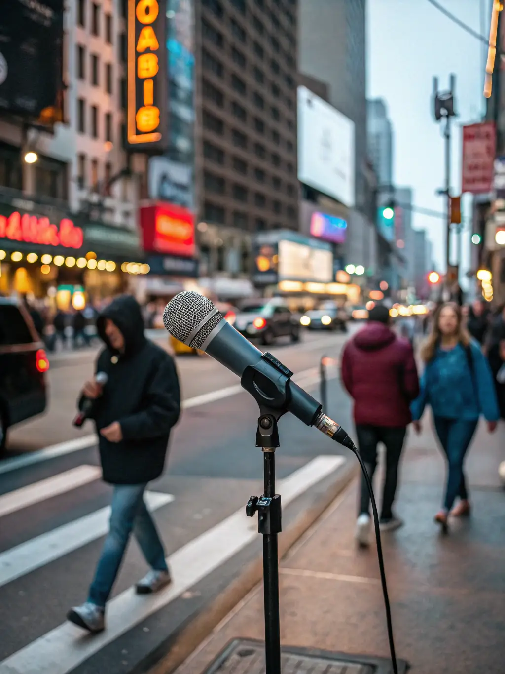 A visually appealing podcast cover featuring a microphone and sound waves, representing AudioNest's 'Tech Frontiers' podcast, with a futuristic city skyline in the background.