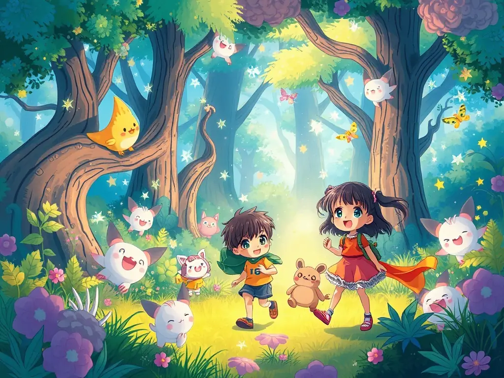 A vibrant and colorful cover art showcasing a whimsical scene from a children's audiobook, with playful characters and a magical setting, designed to capture the imagination of young listeners.