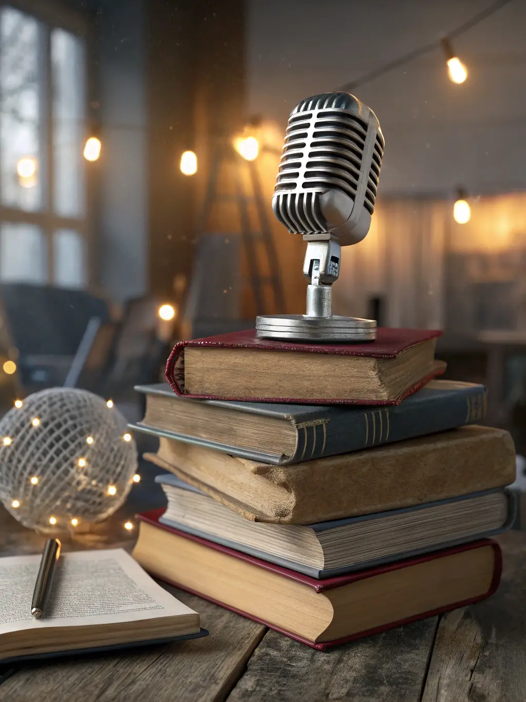 A captivating cover art for the 'Audiobook Adventures' podcast, depicting a stack of classic books with headphones, set in a cozy, warm-toned library.