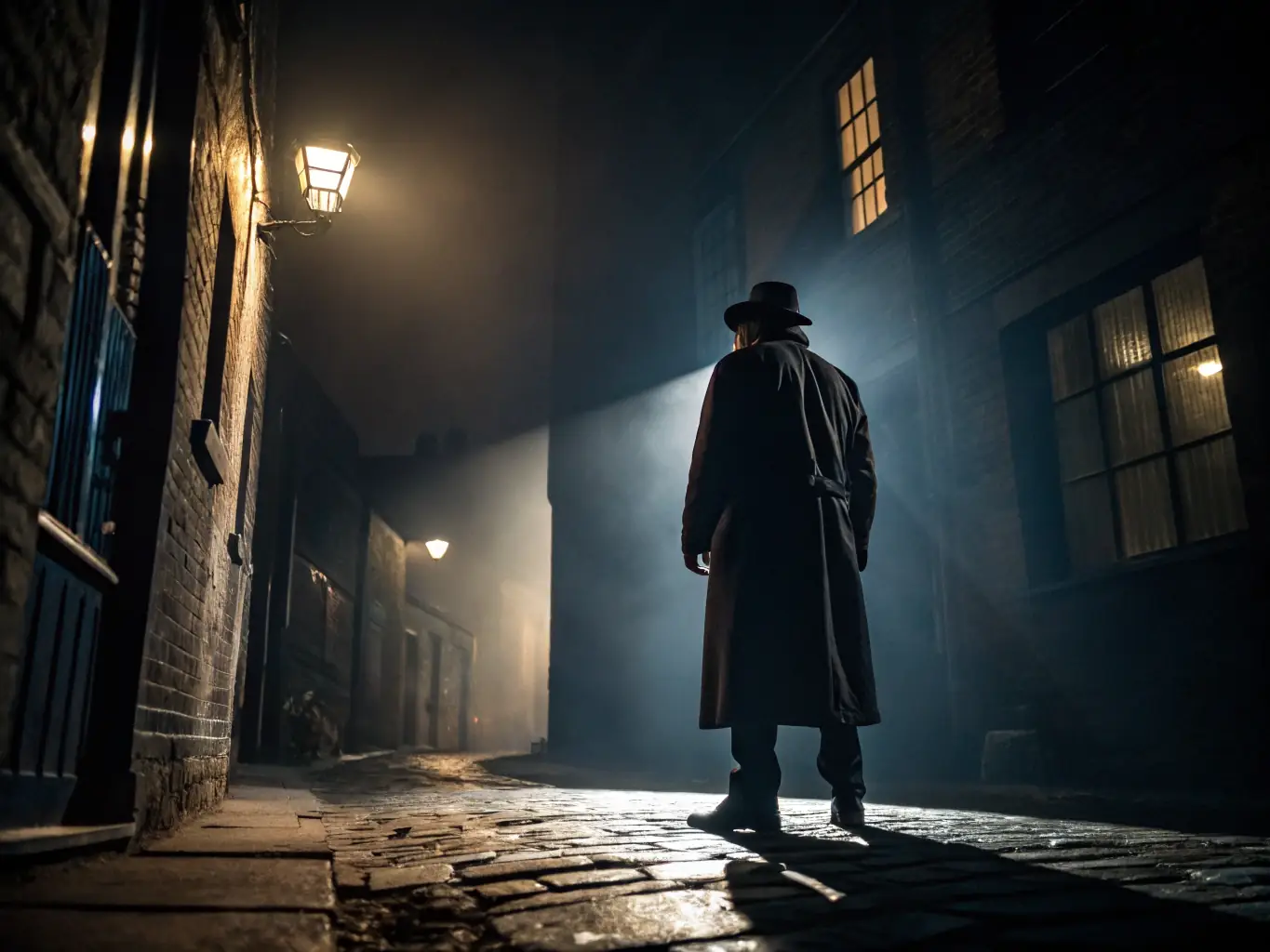 A captivating cover art depicting a suspenseful scene from a mystery audiobook, with a silhouette of a detective in a dimly lit alleyway, evoking a sense of intrigue and suspense.