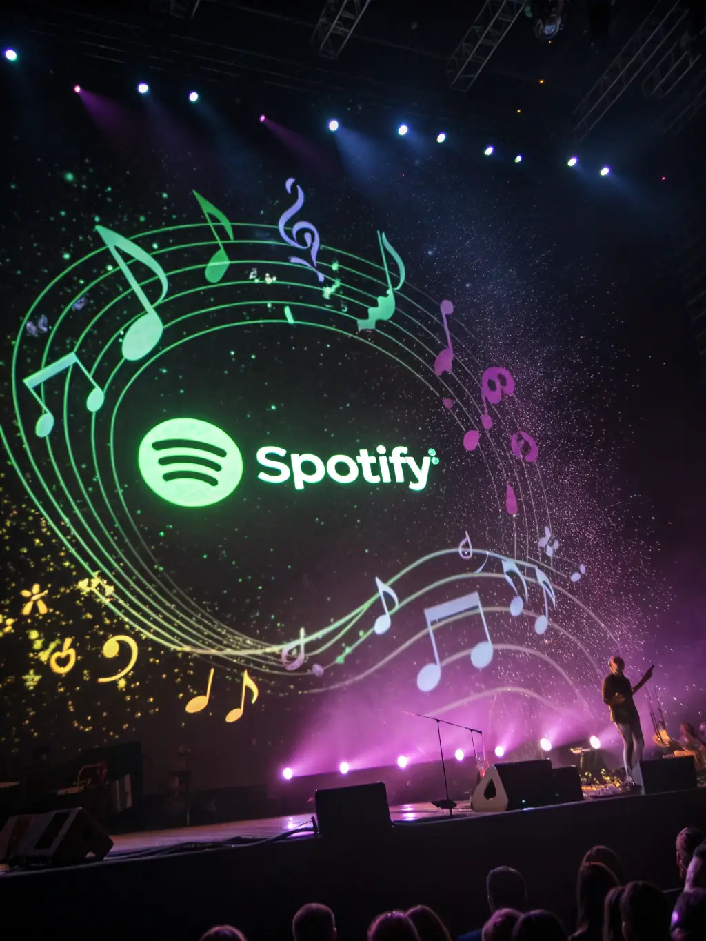 A high-resolution image of the Spotify logo, clearly visible and recognizable, placed on a dark background to emphasize the green color, used to promote AudioNest's podcast availability on Spotify.